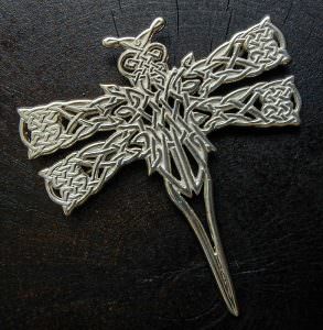 Original Celtic knotwork dragonfly design cast in silver with pin backing.