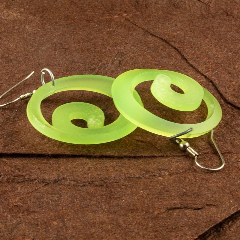 Translucent Kiwi Green Dished Acrylic Spiral Earrings (Front and Back)