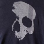 Pale grey skull bleached out of a white background.