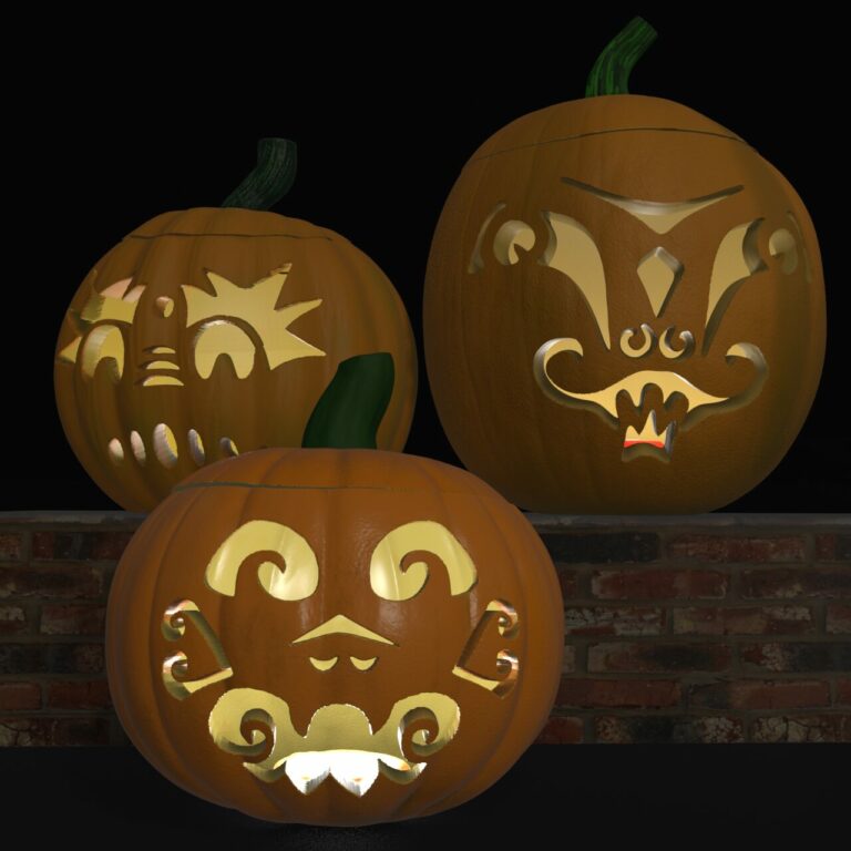 Rendering of three jack-o-lanterns lit up from within with candles. Two are sitting on a brick wall with one below and between.