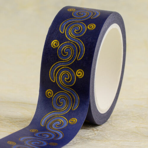 Roll of 20mm-wide washi tape with a pattern of Celtic spirals in shades of blue with gold foil outlines.