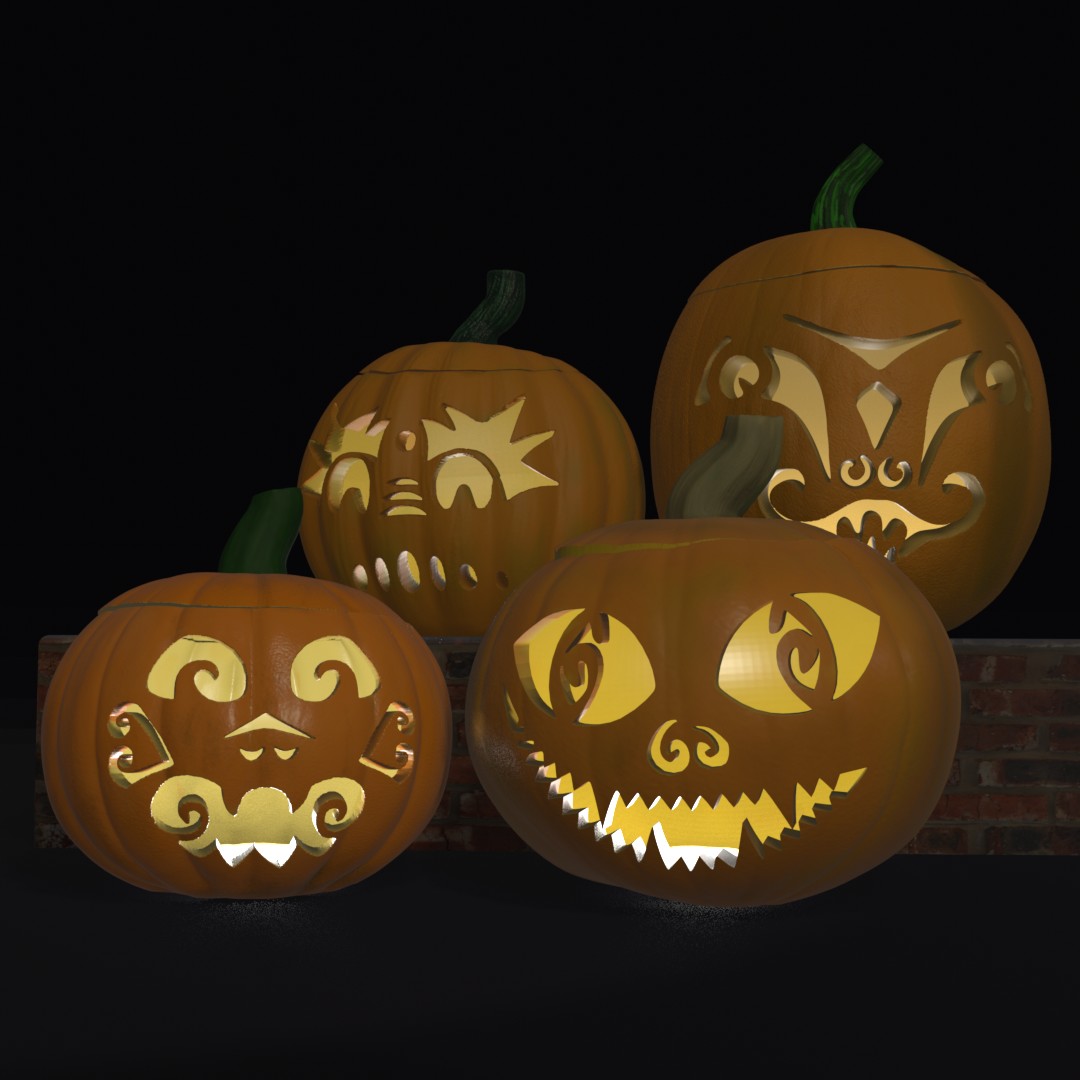 A 3D render of four jack-o-lanterns on and in front of a brick wall. The foremost jack-o-lantern, this year’s, in the lower right, has big cat-like eyes with spirals for pupils, two spirals arranged as a nose, and a jagged crooked grin. The jack-o-lanterns are all lit from within by candles.