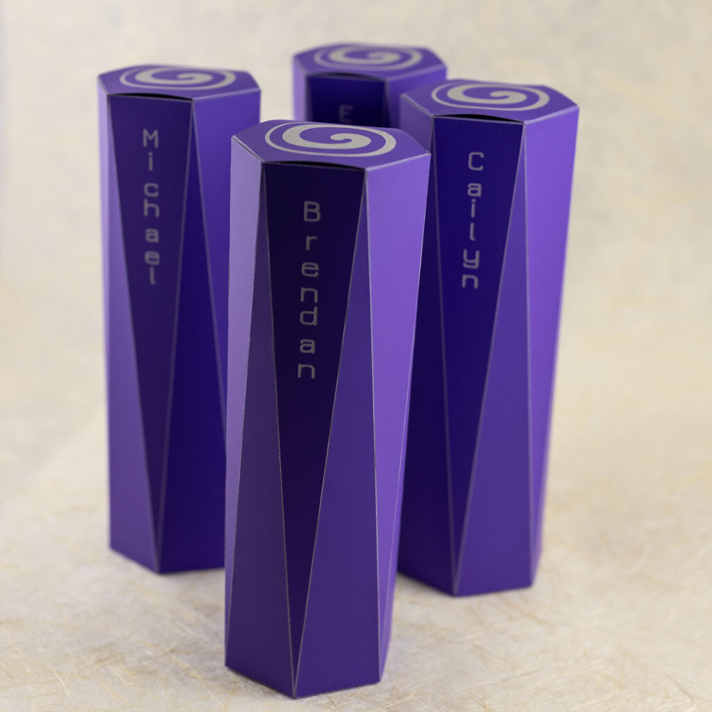 Four long purple boxes. The ends are hexagonal. The sides extending from each hexagonal face are long triangles that come to a point at the vertices of the hexagon on the opposite end. The top hexagonal face is engraved with an off-center spiral in light grey. There are names engraved on the front faces: Michael, Brendan, Cailyn, and Evie. View from the front-right with the boxes standing upright.