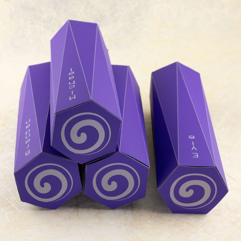 Four long purple boxes. The ends are hexagonal. The sides extending from each hexagonal face are long triangles that come to a point at the vertices of the hexagon on the opposite end. The top hexagonal face is engraved with an off-center spiral in light grey. There are names engraved on the front faces: Michael, Brendan, Cailyn, and Evie. View of the lids with the boxes lying on their sides.